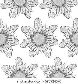 Seamless pattern of outline tropical flower protea and leaves. Tropic floral wallpaper on white background. Mock up for coloring pages and books.