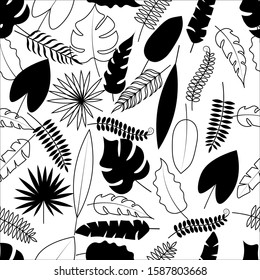 Seamless pattern with outline tropical leaves in black on a white background. Stock vector illustration for decoration and design, wrapping paper, wallpaper, cards, posters, fabrics and more.