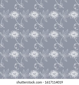 Seamless pattern with outline tropical Passiflora or Passionflower, on the grey background. Floral vector illustration