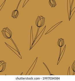 Nahtloses Muster mit Tulpenblumen auf braunem Hintergrund. Vintage-lineare Vektorgrafiken. Für Tapeten, Umhüllungen, Textilien, Stoffe, Vorhänge, Bettwaren, Bekleidung, Accessoires, Druck
