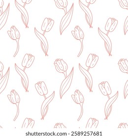 Seamless pattern outline tulips on white background. Botanical spring flower template Linear Hand Drawing Doodle. Vector illustration