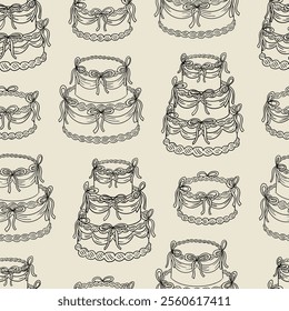 Seamless pattern with outline various holiday cakes and bows in sketch style. Vintage vector background with cakes and ribbons for birthday, wedding, valentine's day. Coquette retro aesthetic