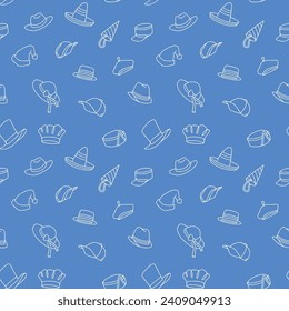 Seamless Pattern Outline Vector Hats and Caps Illustration with Blue Background