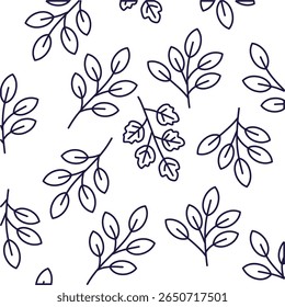 Seamless pattern of outline vector illustration of randomly scattered leafy branches. Ideal for natural backgrounds, textiles or eco-friendly designs.