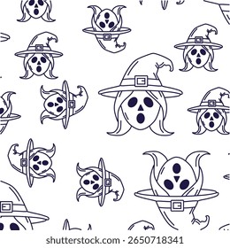 Seamless pattern of outline vector illustration of witch heads with pointy hats and cute ghosts with pointy hats. Ideal for Halloween designs, fun scary backgrounds or textiles.
