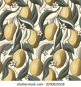 Seamless pattern of outline vector lemons and leaves on a yellow background.  Doodle isolated elements. Perfect for wallpaper, fabric design, textile and wrapping