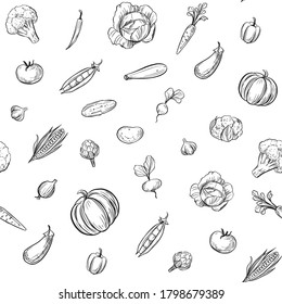 Seamless pattern. Outline vegetables. Doodle illustration. Black on transparent background. Vector