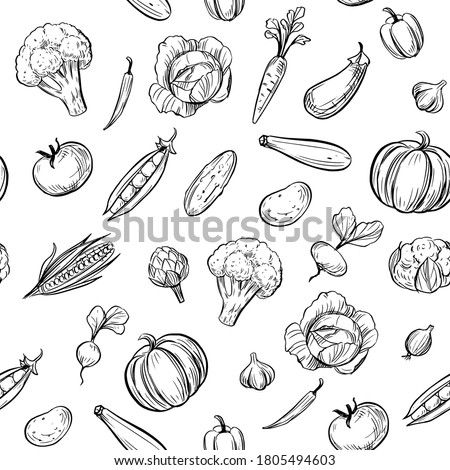 Seamless pattern. Outline vegetables. Doodle illustration. Black on transparent background. Vector