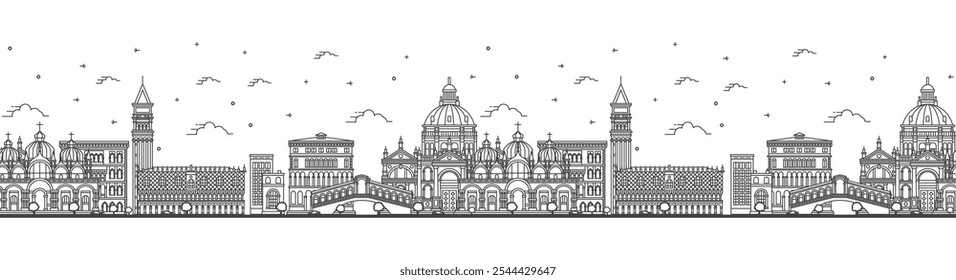 Seamless pattern with outline Venice Italy City Skyline with Historic Buildings Isolated on White. Vector illustration. Venice Cityscape with Landmarks.