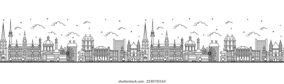 Patrón sin fisuras con contorno Viena Austria City Skyline con edificios históricos aislados en blanco. Ilustración vectorial. Paisaje urbano de Viena con Lugares famosos. 