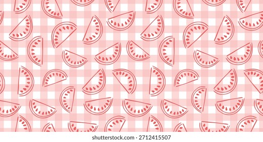Seamless pattern of outline watermelon slices scattered on a light pink and white gingham check background. Perfect for fabric, packaging, printing, and summer designs.