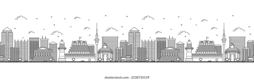 Seamless pattern with Outline Wellington New Zealand City Skyline with Modern and Historic Buildings Isolated on White. Vector illustration. Wellington Cityscape with Landmarks.