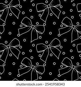 Seamless pattern with outline white bows on a black background. Vector  contour illustration