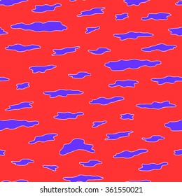 Seamless pattern with outline white clouds in a blue indigo on a bright red background.