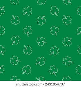 Seamless pattern with outline white clover on a green background. Happy St. Patrick's Day. Suitable for textile, wrapper, cover, brochure, wallpaper, website or banner. Vector illustration.