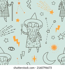 Seamless pattern with outline wizards, stars, moon and constellations on gray background. Magical digital background with vector hand drawn elements. Seamless pattern for kids fabric, scrapbook paper.
