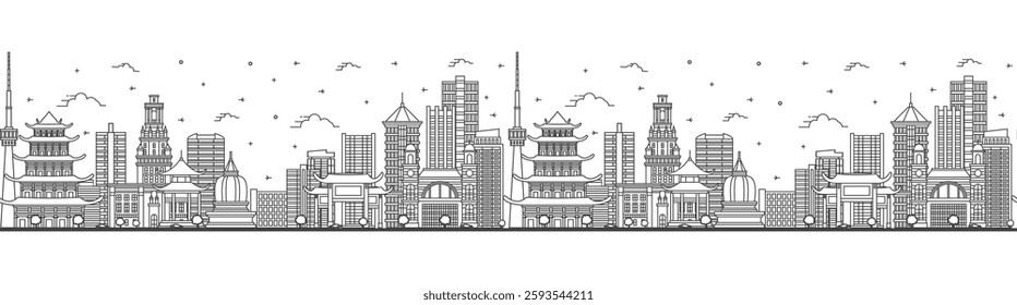 Seamless pattern with outline Wuhan China City Skyline with Modern Buildings Isolated on White. Vector Illustration. Wuhan Cityscape with Landmarks.
