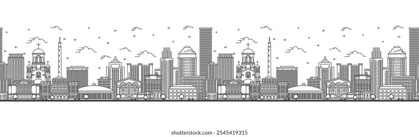 Padrão contínuo com contorno Yekaterinburg Rússia City Skyline com edifícios modernos isolados em branco. Ilustração de vetor. Paisagem urbana de Yekaterinburg com pontos de referência.