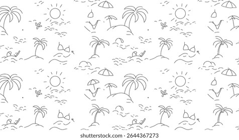 Seamless pattern of outlined beach elements: palm trees, sun, waves, beach umbrella, swimsuit, and a person relaxing on a beach chair.