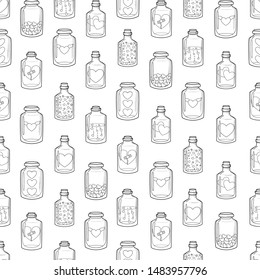 Seamless pattern with outlined bottles and jars with different hearts inside on white background. Vector sketch style texture.