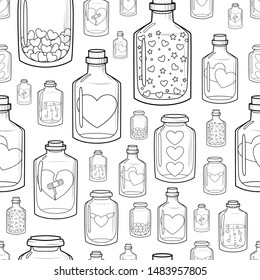 Seamless pattern with outlined bottles and jars with different hearts inside on white background. Vector sketch style texture.