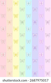 Padrão sem emenda de borboletas contornadas em cores pastel dispostas em listras de arco-íris verticais, cada uma em tons suaves de rosa, pêssego, amarelo, verde, azul, alfazema e lilás.