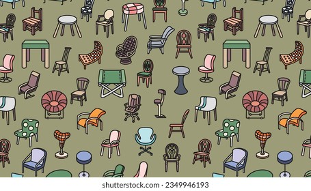 Seamless pattern of outlined chair on a grass green background.