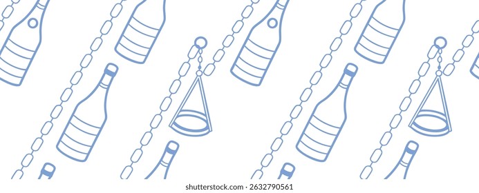 Seamless pattern of outlined champagne bottles, party hats, and garlands in a minimalist blue line style. Perfect festive background for celebration-themed designs and invitations. 