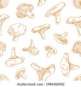 Seamless pattern with outlined chanterelle mushrooms on white background. Endless repeating texture with fungi engraving for printing. Hand-drawn contoured vector illustration in vintage style