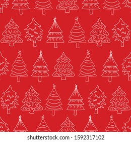 Seamless pattern outlined Christmas trees on red background