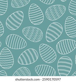 Seamless pattern with outlined decorated eggs Holiday blue background Happy Easter vector illustration Design for web wrapping wallpaper cover textile print