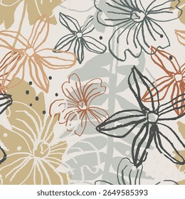 Padrão contínuo com flores contornadas e folhas