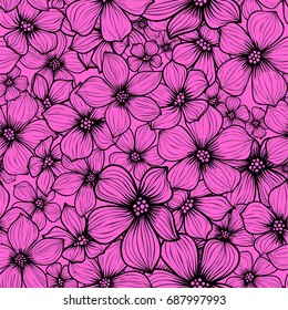 Seamless pattern with outlined flowers on pink background