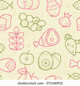 Seamless pattern with outlined food signs (cereals, fruits, meat, vegetables, milk, eggs, fish, honey) in creative ethnic style. Spring color palette (pink, green) on a light textured background