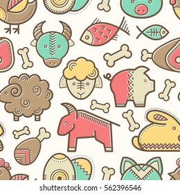 Seamless pattern with outlined food signs (protein food signs - pork meat, veal, mutton, rabbit, eggs, fish) in creative ethnic style. Happy babyish color palette
