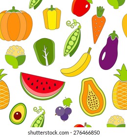 Seamless pattern with outlined fruits and vegetables. The pattern can be repeated or tiled without any visible seams