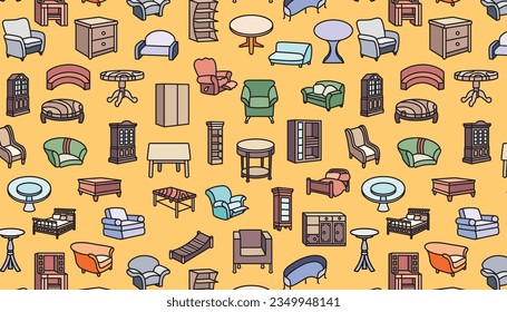 Seamless pattern of outlined furniture on an egg yolk yellow background.