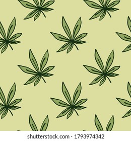 Patrón sin inconvenientes con ornamento de ganja delineado. Hojas de cannabis de color verde sobre fondo amarillo pastel claro. Diseñado para papel pintado, textil, papel envolvente, impresión de tela. Ilustración del vector