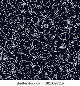 Seamless pattern with outlined pumpkins on black background. Hand drawn vector illustration