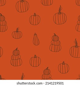 Seamless pattern with outlined pumpkins on red background. Farm digital background with vector hand drawn elements. Seamless pattern for kids fabric, textile and scrapbook paper.