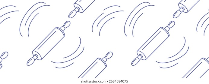 Seamless pattern of outlined rolling pins in motion, creating a dynamic kitchen-themed background. Perfect for baking illustrations, culinary designs, or food packaging elements.