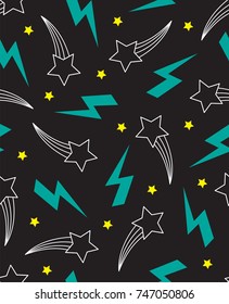 Seamless pattern with outlined stars, shooting stars and lightning bolts on black background. Suitable for fabric, wallpaper, gift wrap and stationery.
