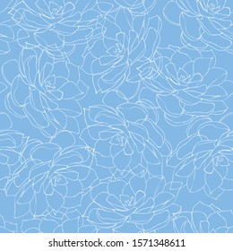 Seamless Pattern With Outlined Succulents On Blue Background