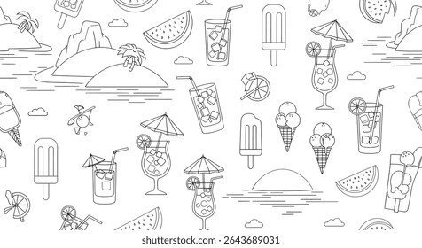 Seamless pattern with outlined summer elements: tropical islands, cocktails with umbrellas, ice cream cones, popsicles, and watermelon slices.