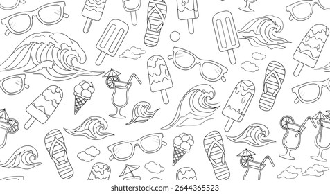 Seamless pattern with outlined summer elements: sunglasses, ice cream, waves, cocktails, and flip flops, creating a fun, summery, and beachy vibe.