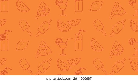 Seamless pattern with outlined summer elements: popsicles, watermelon slices, drinks with straws and lemon fruits on an orange background.