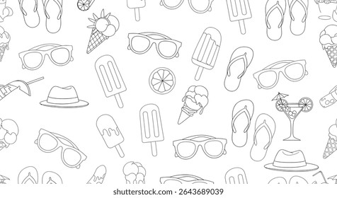 A seamless pattern of outlined summer items: sunglasses, flip-flops, ice cream cones, popsicles, cocktails, hats, and orange slices.