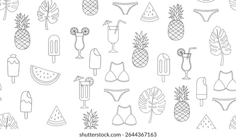 A seamless pattern of outlined summer themed items: pineapples, swimwear, drinks, watermelon slices, ice cream and monstera leaves.