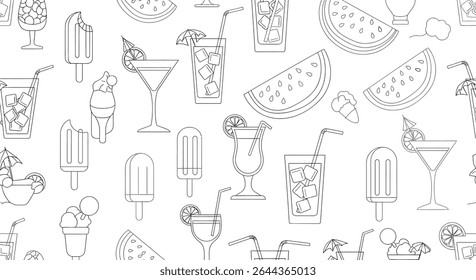 Um padrão perfeito de delineados doces e bebidas de verão, incluindo picolés, coquetéis com guarda-chuvas, fatias de melancia e cones de sorvete.