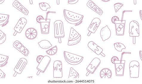 Um padrão sem costura de delineados doces de verão: fatias de melancia, limonada com uma palha, limões e vários picolés, tudo em um estilo de contorno rosa.